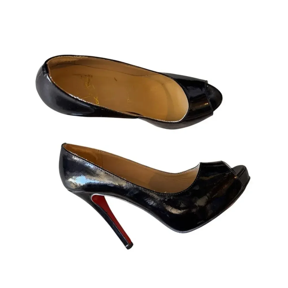 Christian Louboutin - Black Patent Peep-Toe Stiletto Heels Red Soles Sz 37